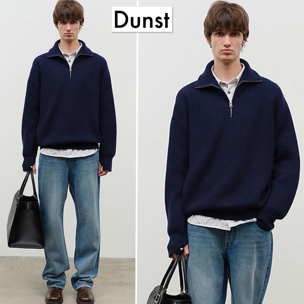 Dunst Half Zip Ribbed Wool Sweater French Navy S Mens Chunky Knit Minimalist
